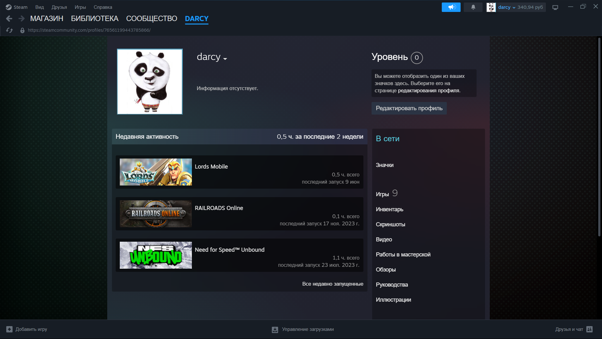 Продажа аккаунта STEAM. РФ. Баланс :340,94 руб. Почта Платформа Steam,  купить у продавца annk — PayGame.ru